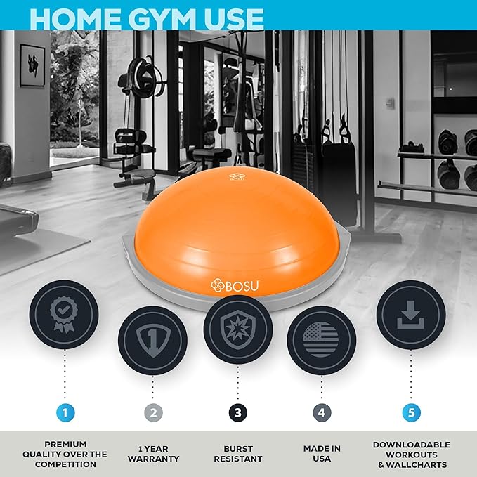 Bosu Balance Ball Exercise Trainer, Home Gym Equipment w/ Guided Workouts & Pump, 26", Blue - Inflatable Fitness Platform for Strength Training, Standing, Balancing, and Core Workout