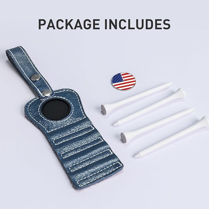 Golf Tee Holder with USA Ball Marker 4 Pcs White Wood Tees, Portable Hold Different Tee Leather Gift Hook Hanging Clip to Golf Bag Belt