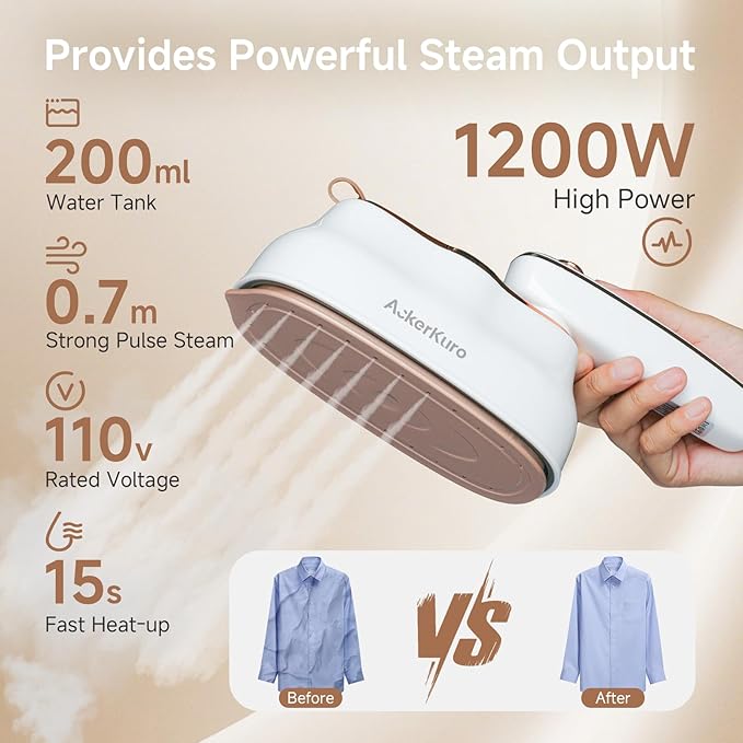 Steamer For Clothes, Steamer ＆ Iron 2 In 1,Portable Handheld travel Steam,1200W 15s Heat Up for Travel Size,Wrinkle Remover,200ml Tank,3 Modes for dress shirts for home travel,White,120V