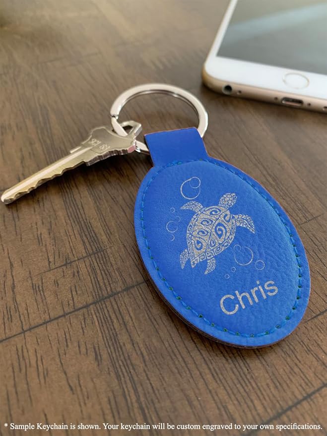 LaserGram Oval Keychain, Palm Trees, Personalized Engraving Included (Dark Blue)