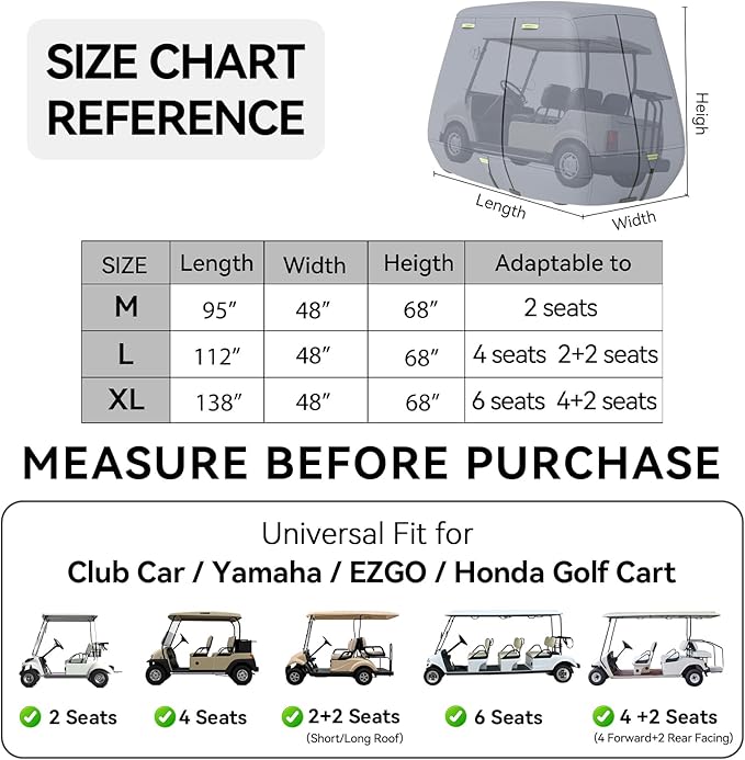 800D Waterproof Golf Cart Cover 2/4/6 Passenger, Heavy Duty Solution-Dyed Polyester UPF 50+, Universal Fits for EZ GO Yamaha Club Car (Gray, Fit for 2 Passenger Cart)