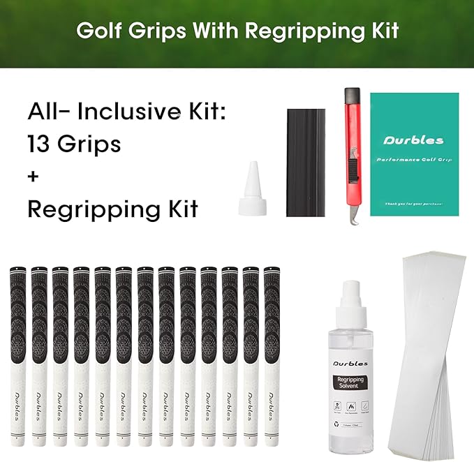 Golf Grips with Regripping Kit – All Weather Multi-Compound Golf Club Grips for Men & Women – Corded Rubber Grip Set – Standard & Midsize Wood and Iron Grip Kit – All Level Golfing Accessories