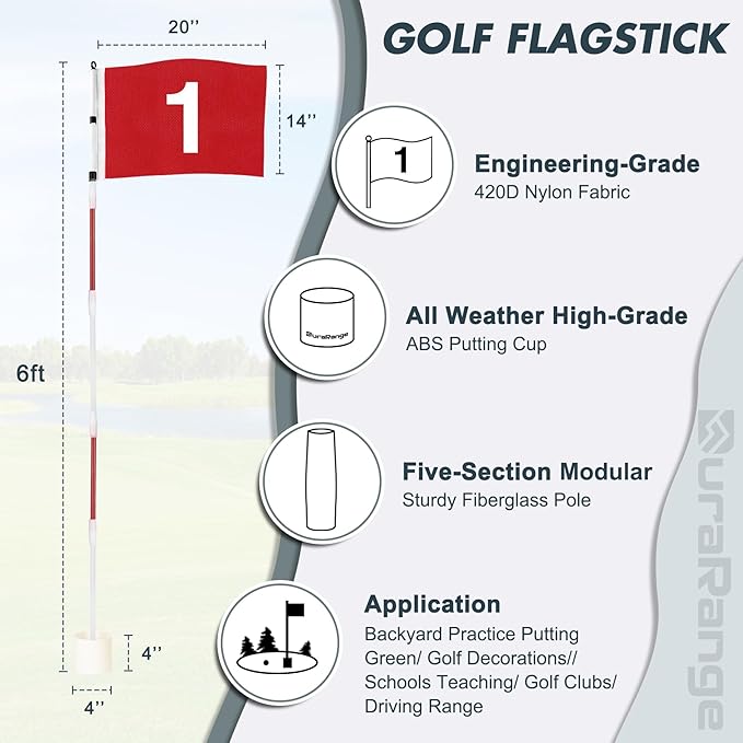 Golf Flagstick 6ft, 5-Section Design, ABS Hole Cup, 420D Nylon Flag for Backyard Practice Putting Green | Driving Range | Country Club, Gift for Golf Lovers