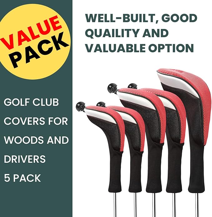 FINGER TEN Golf Club Head Covers Woods Driver Fairway Hybrid 3/4/5 Set, Headcovers Men 1 3 5 7 X Interchangeable Number Tag, Fit All Wood Clubs