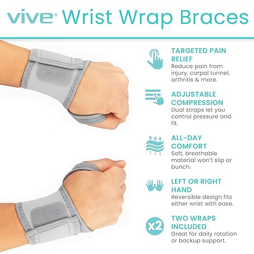 Vive Wrist Wrap Braces (2 Pack) - Tendonitis Support for Carpal Tunnel Arthritis - Sprained Pain Protection Sleeve - Weightlifting & Calisthenics Compression Stabilizer for Women, Men - Adjustable