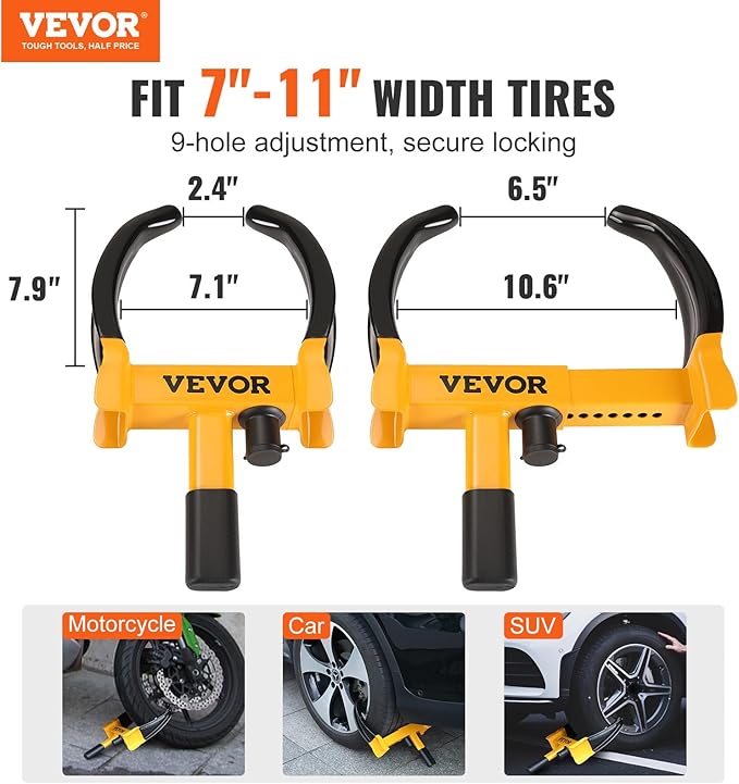 VEVOR Universal Wheel Clamp Lock, 2 Pack Adjustable Anti-Theft Tire Lock, Heavy-Duty Steel for ATV SUV Car Golf Cart Boats Motorcycles, with 6 Keys