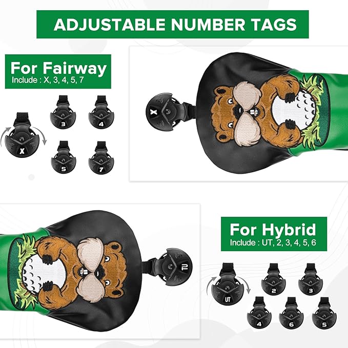 Golf Club Head Covers, Gopher Style Embroidery Golf Club Covers for Woods and Driver Fairway Hybrid, PU Leather Golf Head Covers for Men Women with Interchangeable Tags, Fits Most Golf Clubs