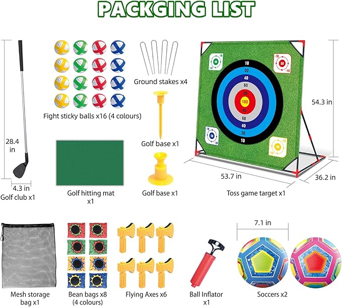 Golf Chipping Game with Stand - 4 in 1 Battle Golf Game with 16 Sticky Balls, Putting Mat, 8 Bean Bags, 2 Soccer Balls, 6 Axes, Indoor Outdoor Yard Games for Chipping Practice for Dads Golfers