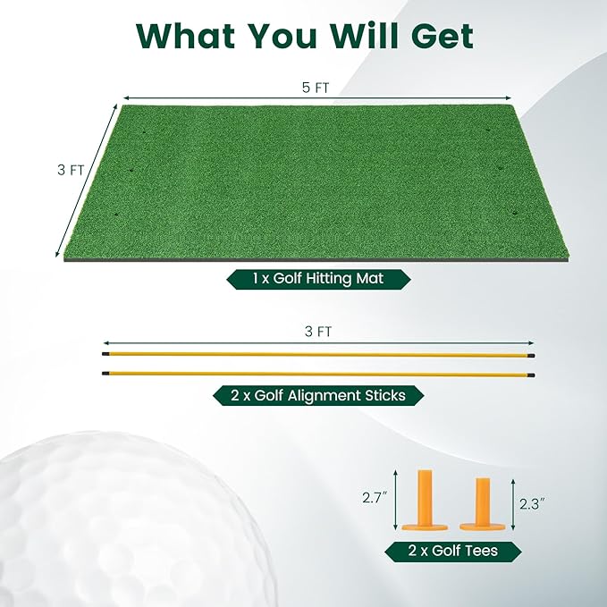 Goplus Golf Mat, 5x3ft/5x4ft Golf Hitting Mat 20/25/27/32mm Thick w/2 Alignment Sticks & 2 Golf Tees, Portable Artificial Turf Grass Training Mat Practice for Indoor Outdoor