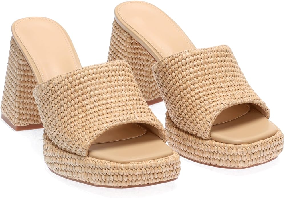 Monrovia Womens Sandals Heels for Women Slide On Block Chunky Platform High Heels Open Toe Raffia Wedge Sandals