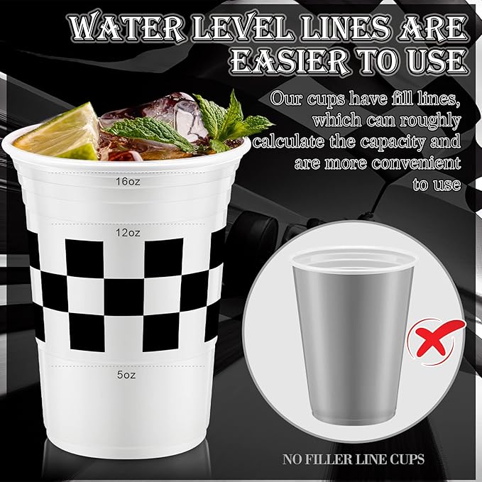 Norme 48 Pcs Checkered Cups Checkered Flag Party Supplies Bulk 16 oz Disposable Race Car Cups Thick White Black Cup for Racing Themed Birthday Party
