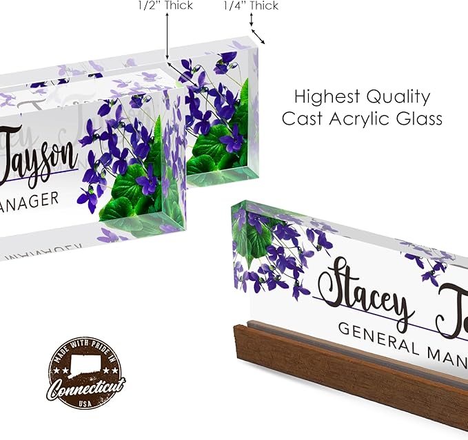 Artblox Personalized Office Desk Name Plate and Business Card Holder | Clear Acrylic Glass with Teak Wood Stand | Violets Flowers Design Customized with Your Name and Credentials Office Desk Décor