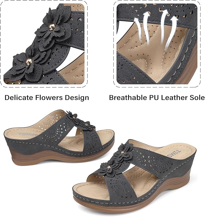 TEMOFON Womens Wedge Sandals Leather: Dressy Sandal, Rubber Sole, Comfortable Walking, Casual Slip on Summer Shoes, Size 5-11