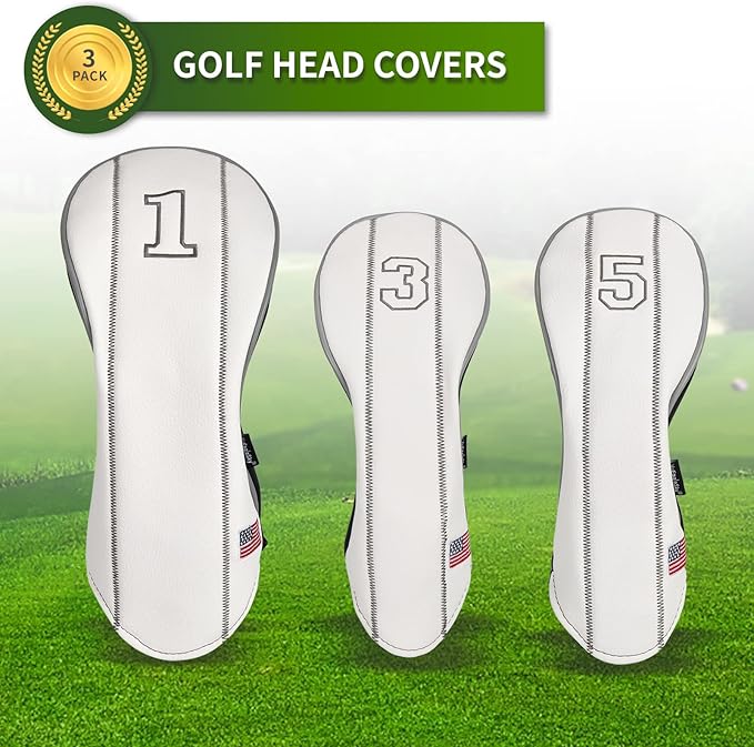 Golf Club Head Covers - Driver, Fairway #3#5, Hybrid Headgear - USA Flag Design - PU Leather - 3 Piece Set for Men and Women