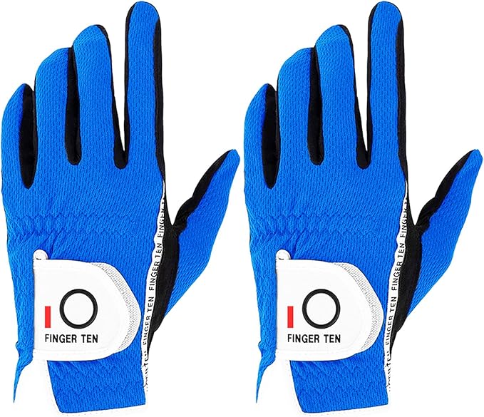 FINGER TEN Men's Golf Gloves for Right Left Handed Golfer Rain Grip Value 2 Pack, Golf Glove for Left or Right Hand Hot Wet Weather No Sweat Black Gray White Blue