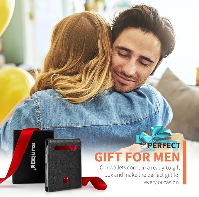 RUNBOX Money Clip Wallets for Men,Slim Leather Mens Bifold Wallet,RFID Blocking Front Pocket Wallet,Thin Credit Card Holder with Gift Box