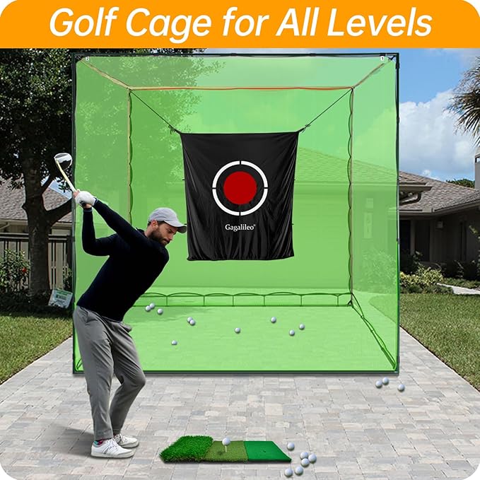 Gagalileo Golf Cage Net with Steel Frame and Target: 10X10X10FT Heavy Duty Practice Net for Backyard Driving & Indoor Driving Range Outdoor Training