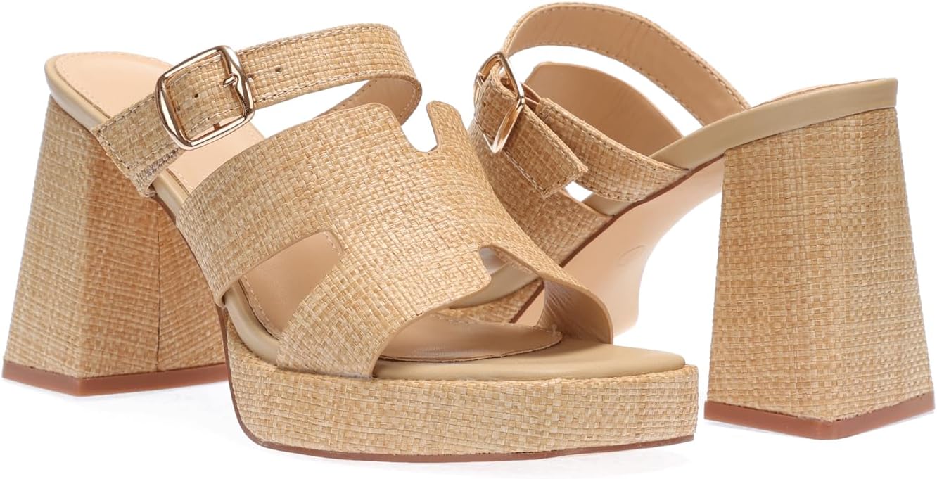 Monrovia Womens Sandals Heels for Women Slide On Block Chunky Platform High Heels Open Toe Raffia Wedge Sandals