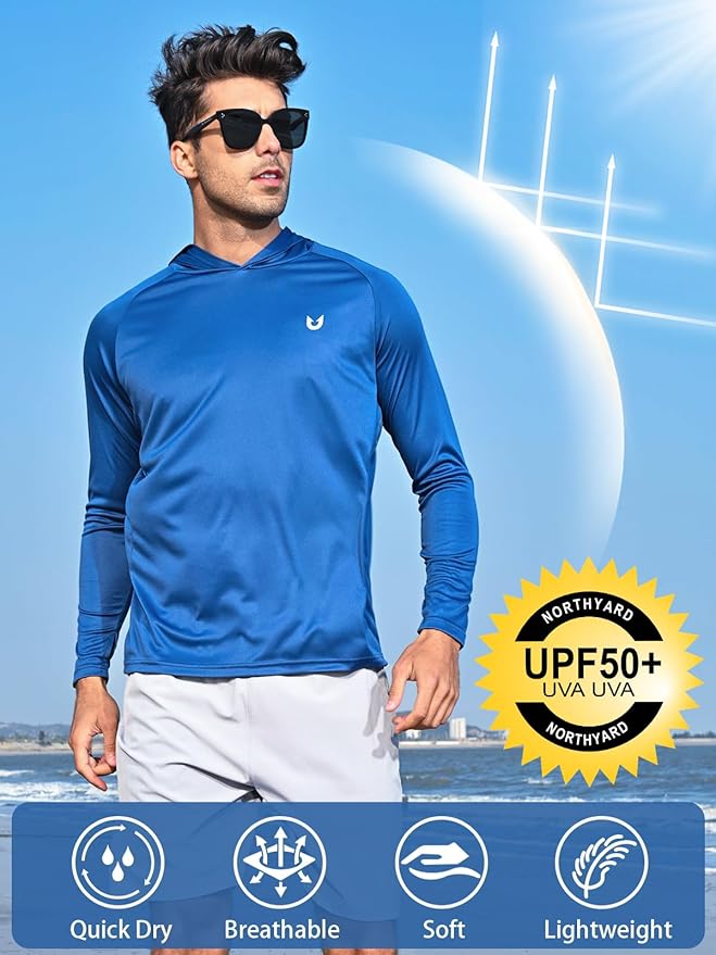 NORTHYARD Men's UPF 50+ Hoodie Shirts Long Sleeve Sun Protection Fishing Swim Beach UV SPF Rash Guard Quick Dry Lightweight
