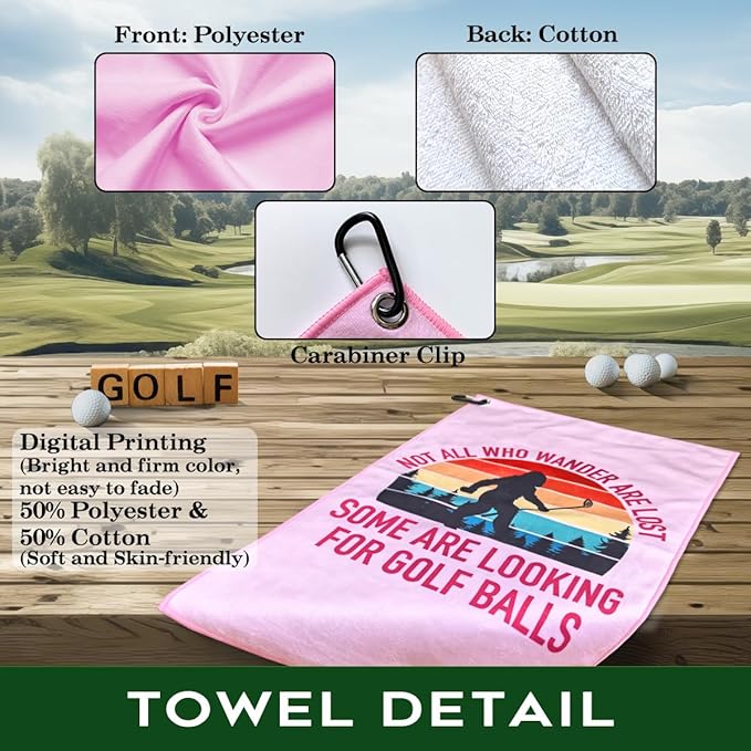 Not All Who Wander are Lost Polyester Printed Golf Towel for GolfBag, Funny Golf Gifts & Accessories for Men Women Golfs Fan Dad Grandpa, GolfLover Retirement Birthday Gifts (Pink)