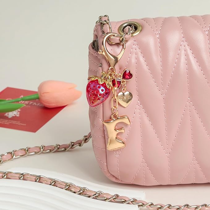 Snycler Bubble Initial Keychain with Strawberry & Bow- Gold Letter Bag Charms for Women, Cute Purse Handbag Accessories