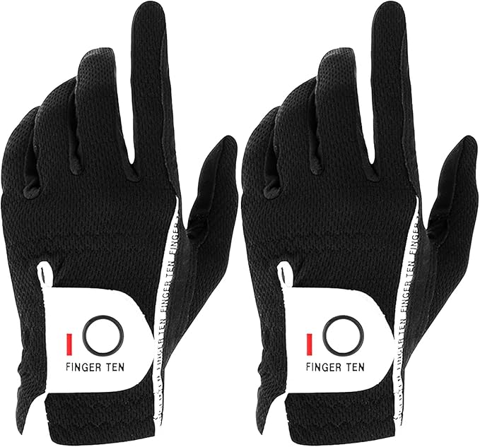 FINGER TEN Men's Golf Gloves for Right Left Handed Golfer Rain Grip Value 2 Pack, Golf Glove for Left or Right Hand Hot Wet Weather No Sweat Black Gray White Blue