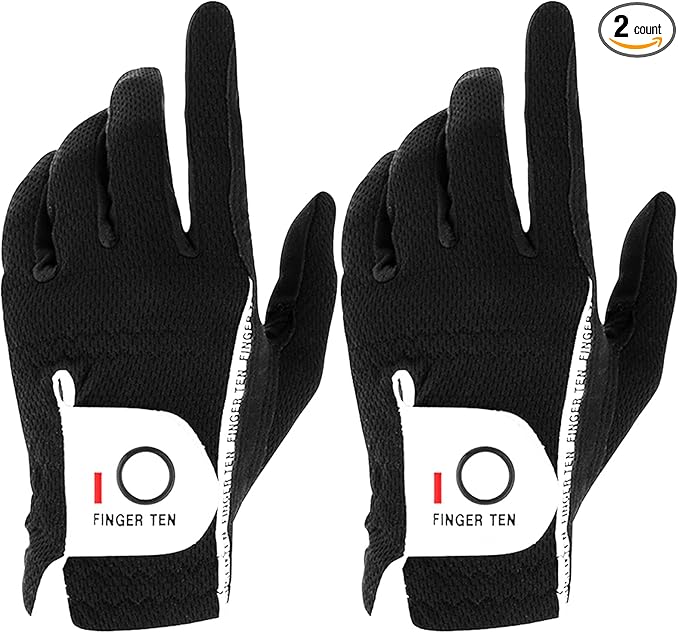 FINGER TEN Men's Golf Gloves for Right Left Handed Golfer Rain Grip Value 2 Pack, Golf Glove for Left or Right Hand Hot Wet Weather No Sweat Black Gray White Blue