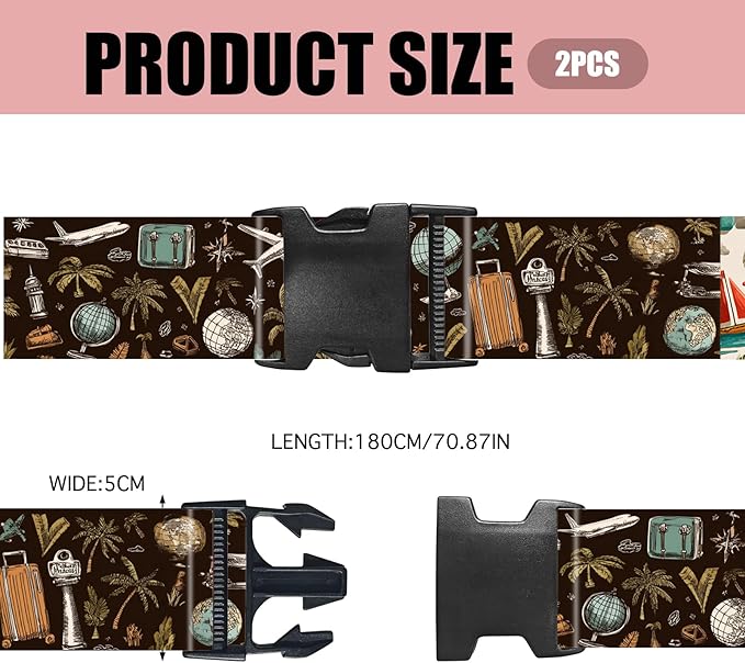 Nuxovilar Luggage Straps of 2 Set Travel Elements Pattern, 1.96x90.5 inches - Luggage Straps for Suitcases, Perfect for Global Travel, Adventures, Business Trips