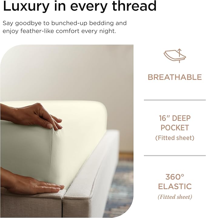 Threadmill Luxury 800 Thread Count Twin 100% Cotton Sheets - Ivory Sateen Weave Bed-Sheets, Better Than Egyptian Cotton,3 Pc Solid Soft Bedding Set, Fits 15" Deep Pocket