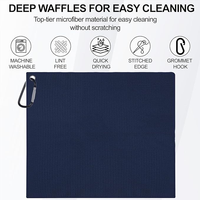 3 Pack 16" X 16" Golf Towels for Golf Bags for Men, Premium Waffle-Pattern Golf Towel with Carabiner Clip, Super Absorbent Microfiber Towel, Golf Accessories for Men, 3 Stain-Resistant Colors