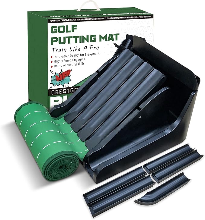 Crestgolf Golf Putting Mat, Automatic Ball Return with 4 Unique Flipping Tracks & 2-Player Mode, Professional Non-Slip Practice Putting Green Mat for Indoor Golf Training, Improve Putting Skills