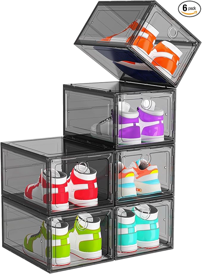 6 Pack Upgrade Harder Shoe Organizer, Shoe Storage with Magnetic Front Door, Clear Shoe Boxes Foldable Space-Saving Shoe Rack for Sneaker Boot Container, Black