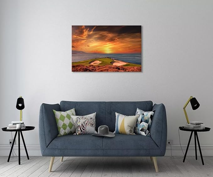 Pebble Beach Golf Course Hole 7 Wall Art for Living Room Bedroom Bathroom Home Decorations Monterey California USA Golf Course Picture Poster Framed Artwork Canvas Prints Ready to Hang(12''H x 16''W)
