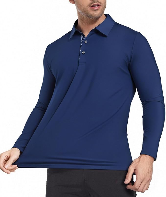 Alex Vando Mens Golf Shirt Moisture Wicking Quick-Dry Solid Long Sleeve Polo Shirts for Men