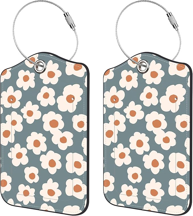 2 Pack Luggage Tags for Suitcase,Retro Floral PU Leather Luggage Tags with Privacy Cover Name Address Labels and Steel Ring,Creative Travel Accessories for Men and Women