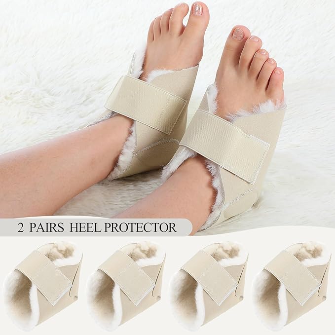2 Pairs Heel Protector Boot Sheepskin Heel Protectors Soft Foot Cushions Pads with Securing Strap for Protect Feet Ankle Pressure Bed Sores(Beige)