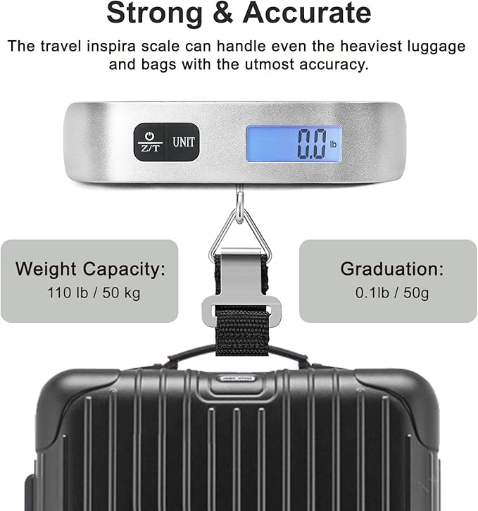 travel inspira Luggage Scale, Portable Digital Hanging Baggage Scale for Travel, Suitcase Weight Scale with Rubber Paint, 110 Pounds, Battery Included, Sliver, 2 Pcs
