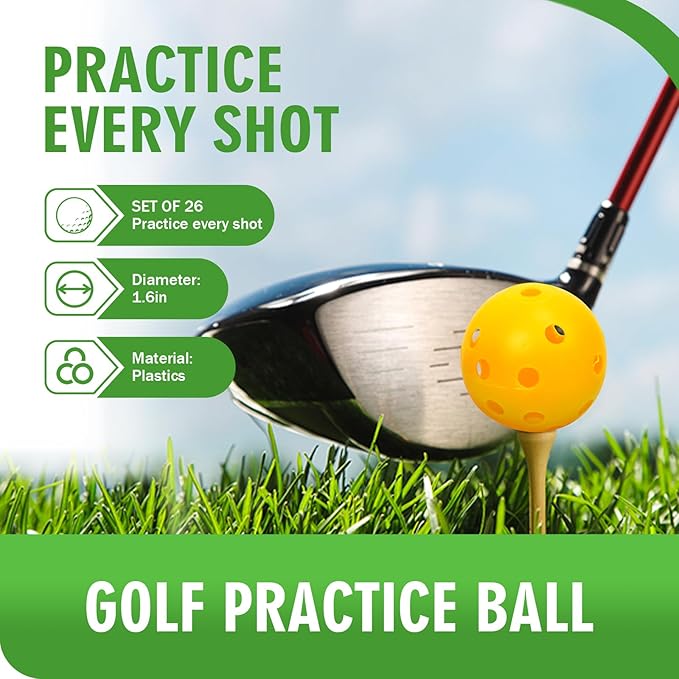 26 Pack Practice Golf Balls, 41mm Hollow Airflow Plastic Golf Balls with Golf Tees, for Indoor Outdoor Driving Range Backyard Swing Practice