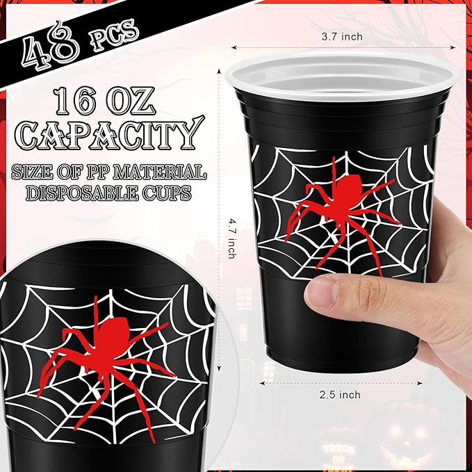 Norme 48 Pcs Spider Party Supplies Bulk 16 oz Spider Thick Plastic Disposable Cup Hot Cold Drink Wine Coffee for Home Sports Themed Holiday Party Supplies Favors