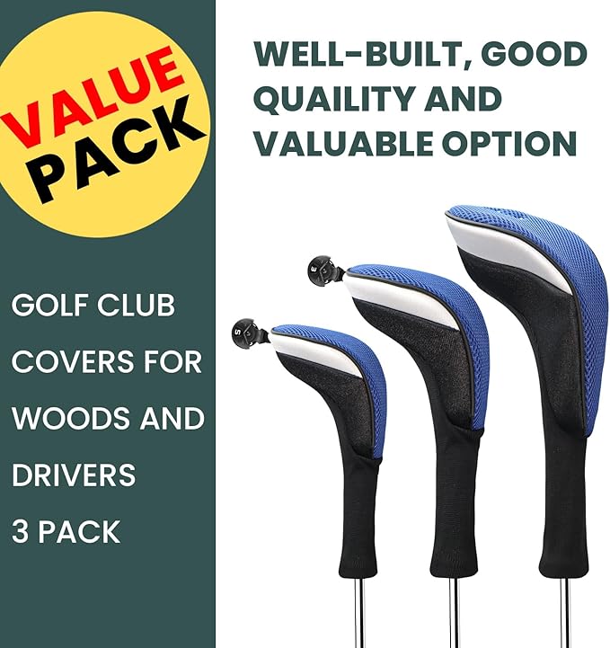 FINGER TEN Golf Club Head Covers Woods Driver Fairway Hybrid 3/4/5 Set, Headcovers Men 1 3 5 7 X Interchangeable Number Tag, Fit All Wood Clubs