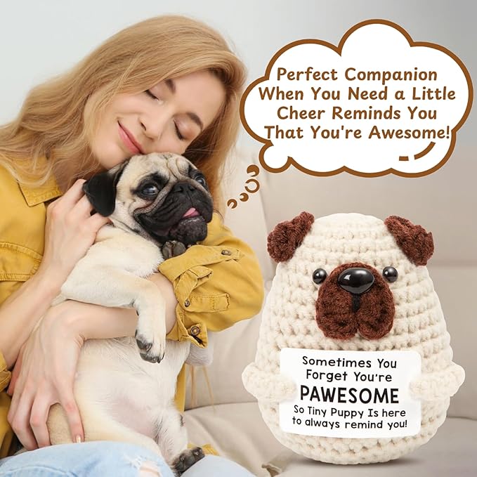 Mini Positive Crochet Dog，Funny Emotional Support Crochet Stuffed Gifts Cute Crochet Animals with Positive Messages Emotional Support Crochet Animals Handmade Crochet Puppy Inspirational Crochet Gift