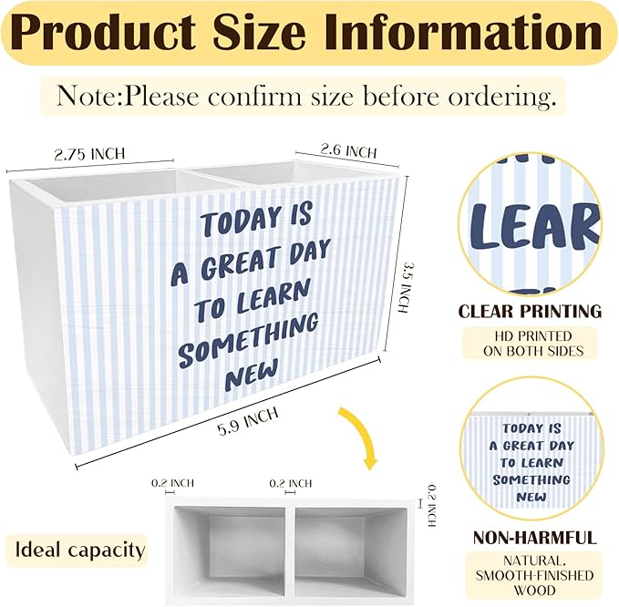 Inspirational Blue Pen Pencil Holder for Desk, Motivational Classroom Decor, Today Is a Great Day to Learn Something New Wooden Box Sign Desk Decor for Classroom Playroom Decoration