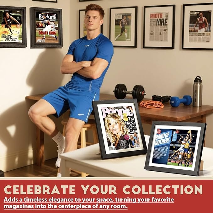 JupDec Sports Magazine Frame, Premium Wood Display Case for 8" x 10.5" Magazines, Wall Mount or Tabletop Stand, Layered Design with Positioning Mat, Perfect for Sports, Fashion & Home Decor, White