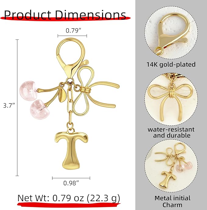 Gold Bubble Heart, Cherry, Bow & More Designs Letter Initial Keychain Bag Charms – Cute Purse Charms for Handbags
