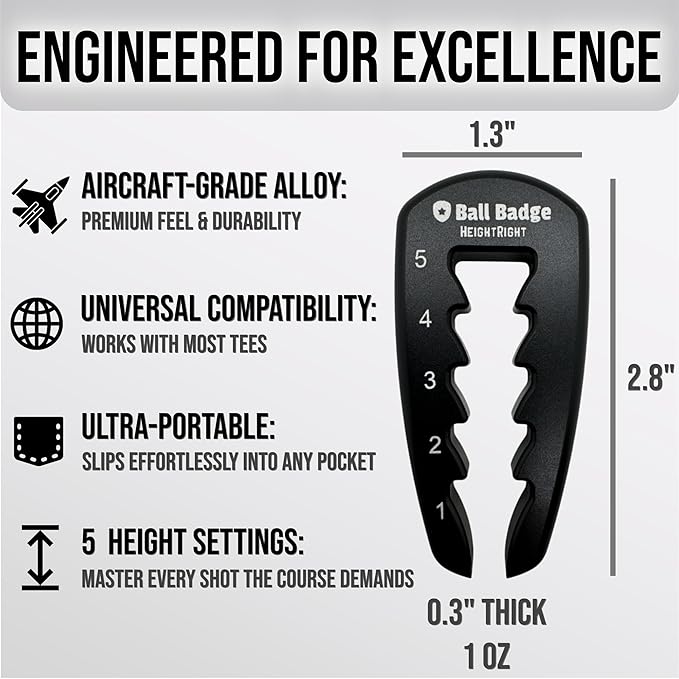 Ball Badge HeightRight Adjustable Golf Tee Height Tool – Precision Tee Height Setter for Consistent Swings, Durable Aluminum Design, Easy-to-Use Golf Training Aid
