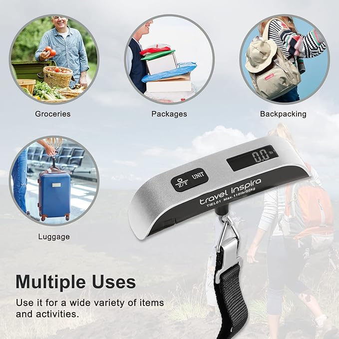 travel inspira Luggage Scale, Portable Digital Hanging Baggage Scale for Travel, Suitcase Weight Scale with Rubber Paint, 110 Pounds, Battery Included, Sliver, 2 Pcs