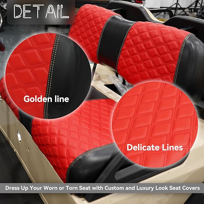 Golf Cart Front and Rear Seat Covers Waterproof and Sun Resistant Marine Grade Vinyl Leather Seat Cover Accessories for Club Car DS 2000.5-up,Red(4PCS)