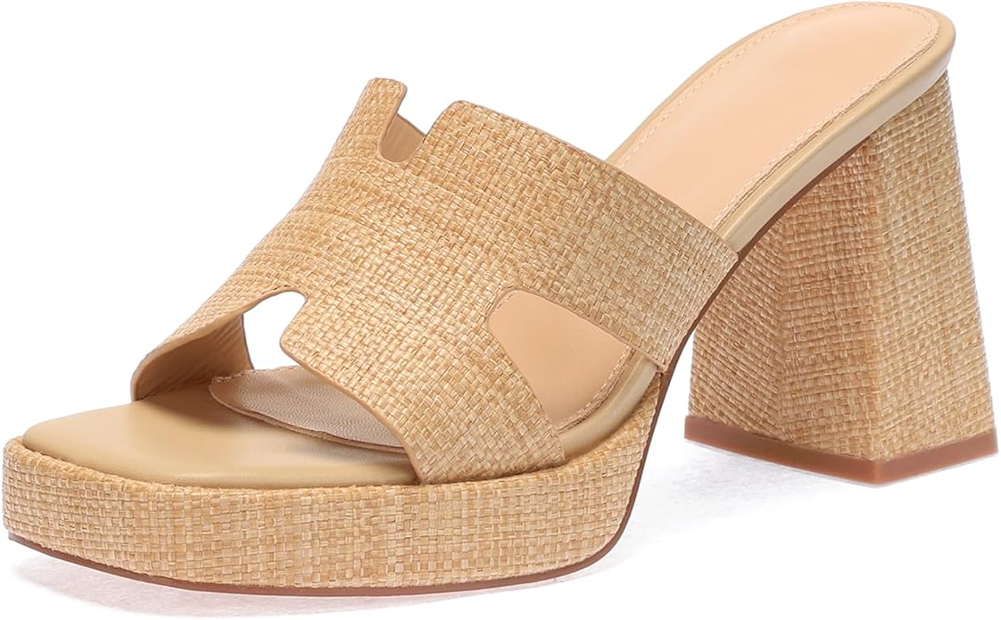 Monrovia Womens Sandals Heels for Women Slide On Block Chunky Platform High Heels Open Toe Raffia Wedge Sandals
