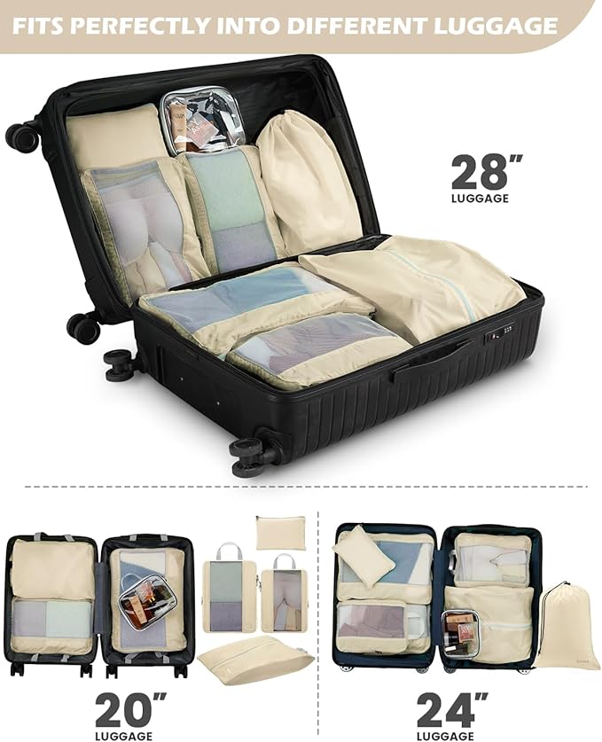 Gonex 8 Set Expandable Mesh Packing Cubes for Travel Essentials, Compression Organizer with Toiletry, Laundry, Shoe, Cable Bags - Beige