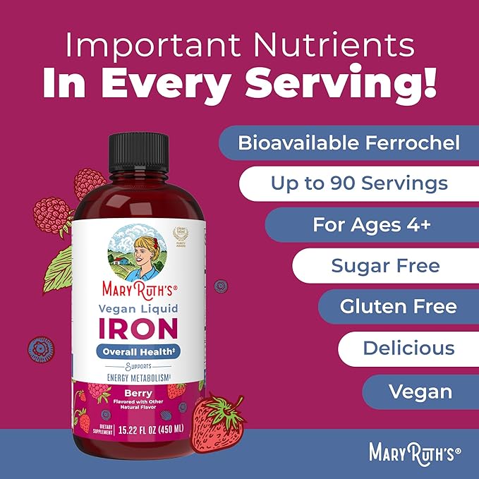Iron Supplement for Women Men & Kids | Liquid Iron Supplement for Women Men & Kids | Iron for Healthy Blood & Oxygen | Ages 4 & Up | Sugar Free | Vegan | Non-GMO | Gluten Free | 15.22 Fl Oz
